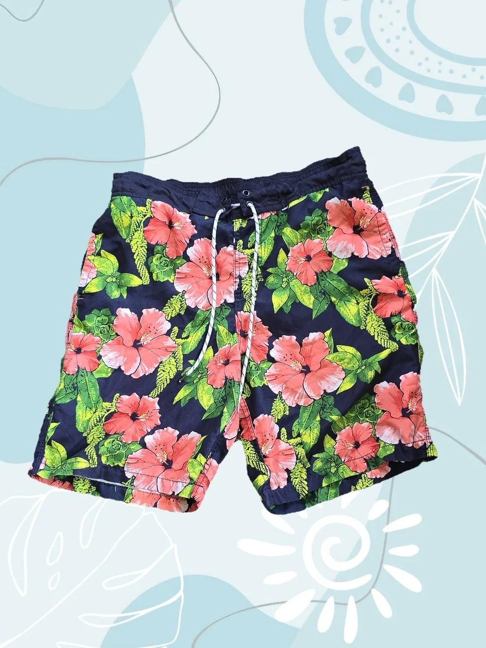 Men's Navy Floral Swim Trunks with Pink Hibiscus Print